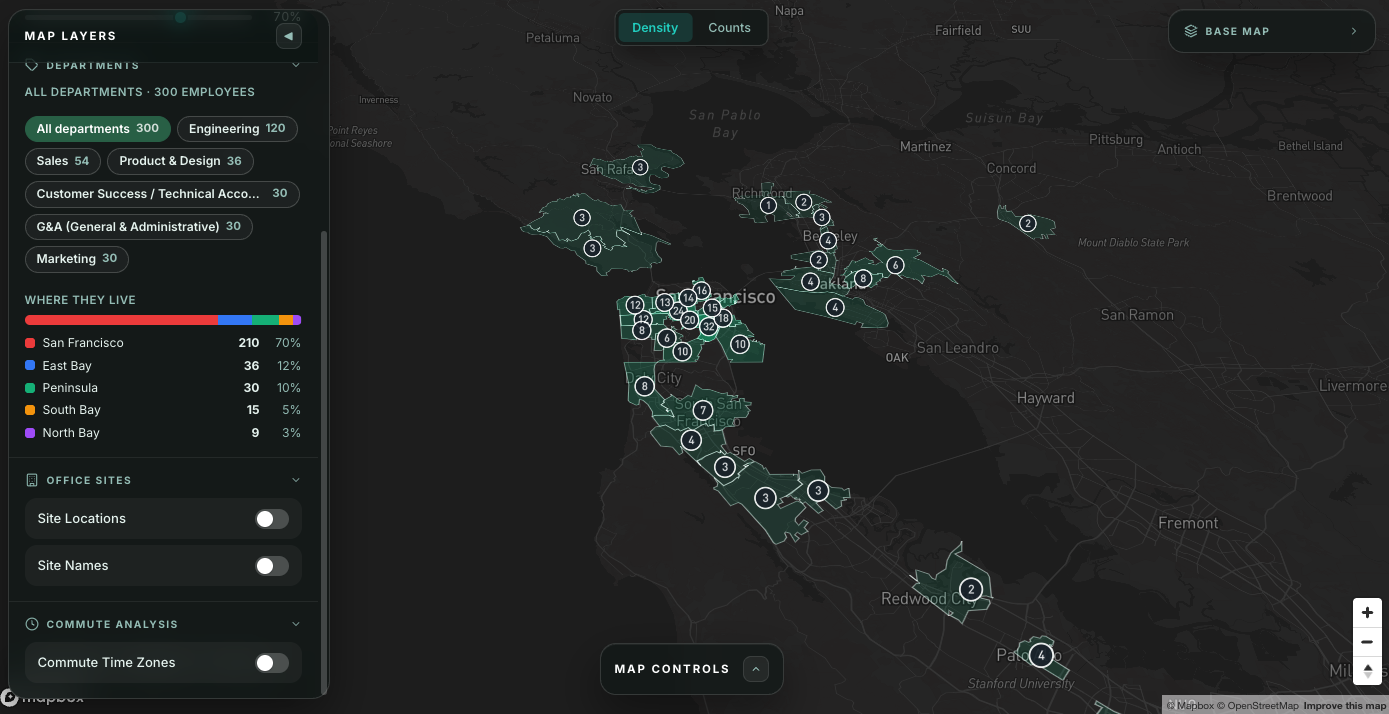 CommuteLens workforce density dashboard mapping where a 300-person Bay Area team lives, by department and region